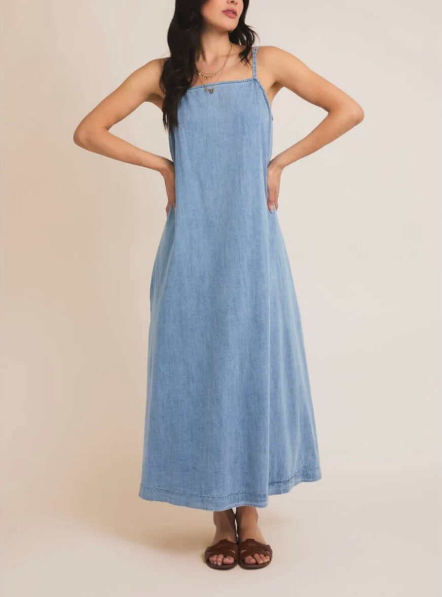 Sleeveless A-Line Denim Maxi Dress with Pockets L