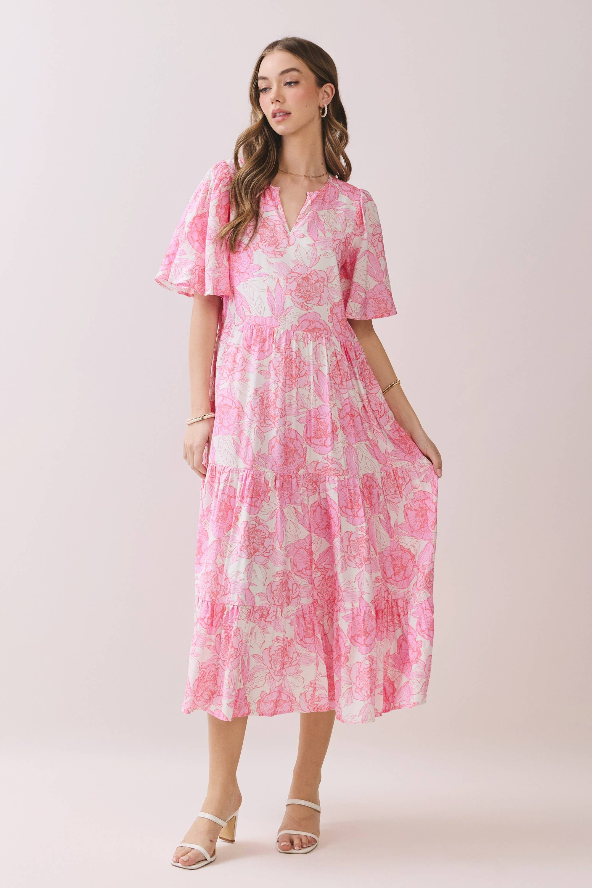 Pink Floral Tiered Baby Doll Midi Dress