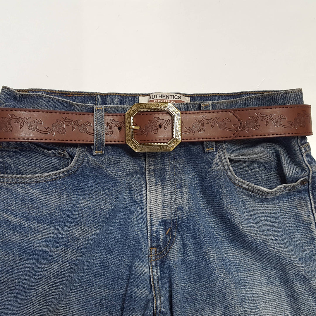 Embossed Floral Belt with Western Etched Buckle