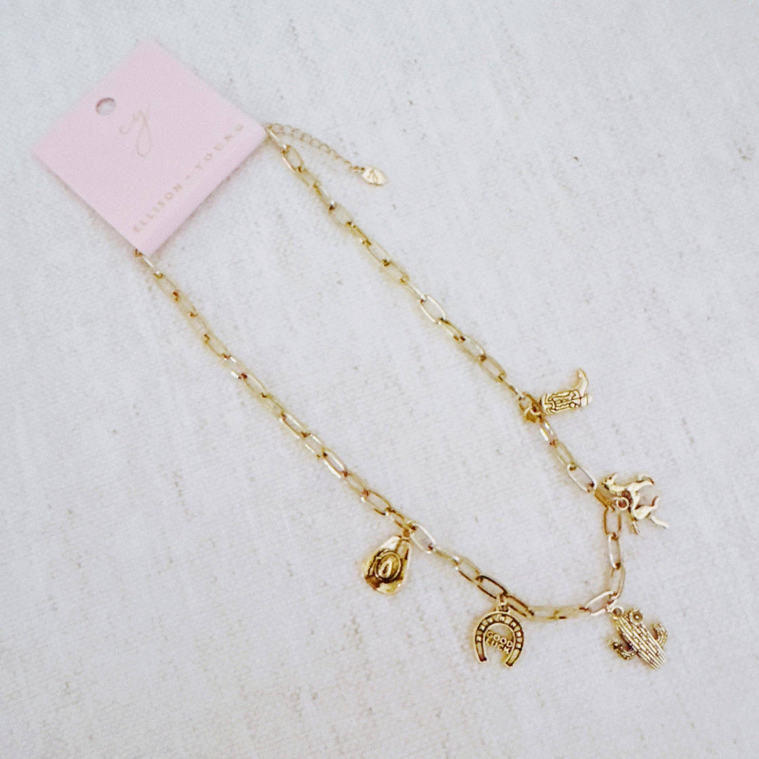 Western Cowgirl Charm Necklace – Cactus, Horseshoe & Boot