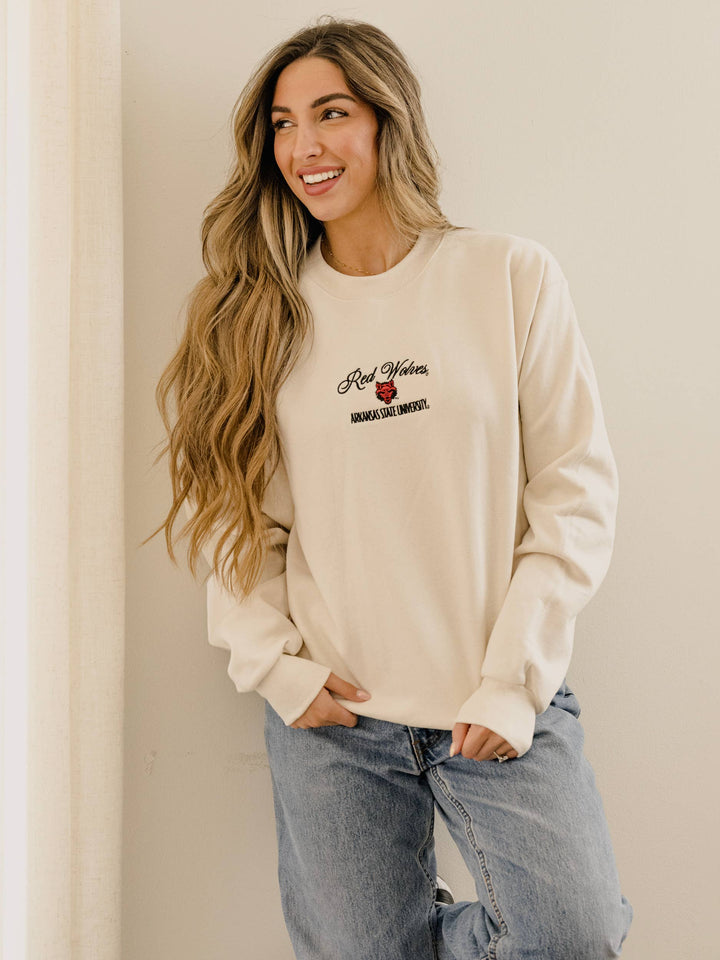 ASU Red Wolves Embroidered Script Cream Sweatshirt
