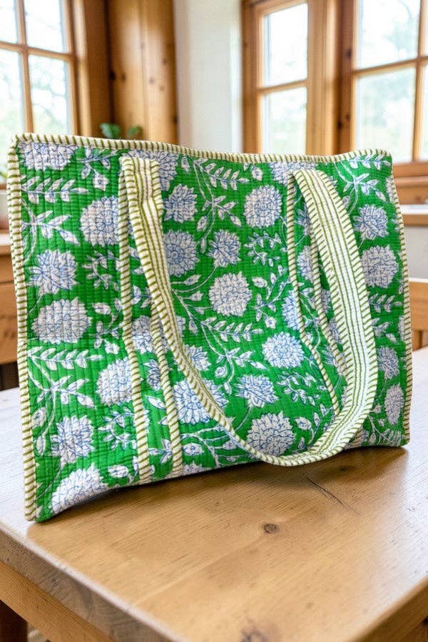 Terra Green Floral Medium Quilted Tote Bag