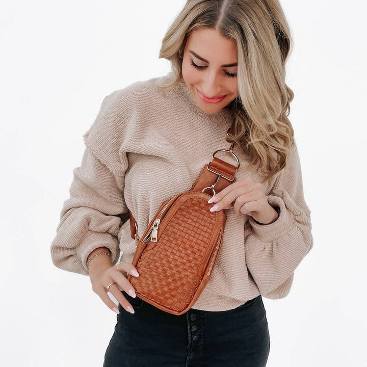 Faux Leather Woven Sling Bag