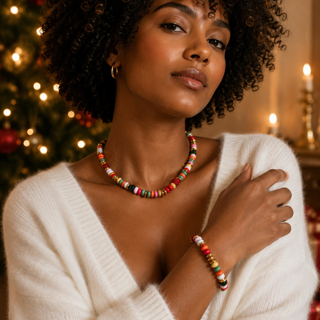 Festive Color Bead Stretch Bracelet, Gold Accent &amp; Crystal Pavé