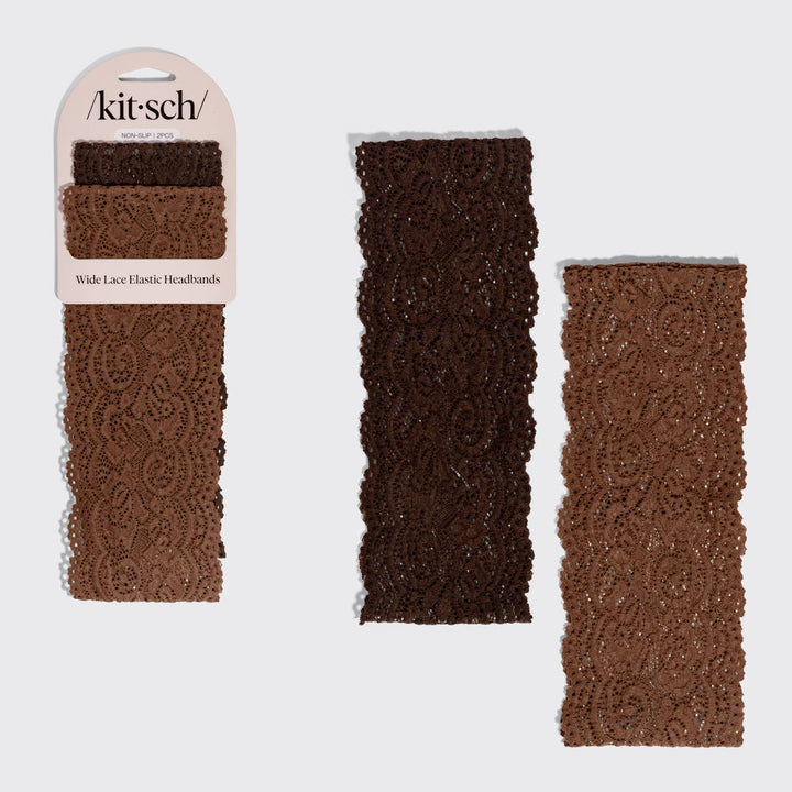 Wide Lace Elastic Headbands 2pc Set - Mocha &amp; Chocolate