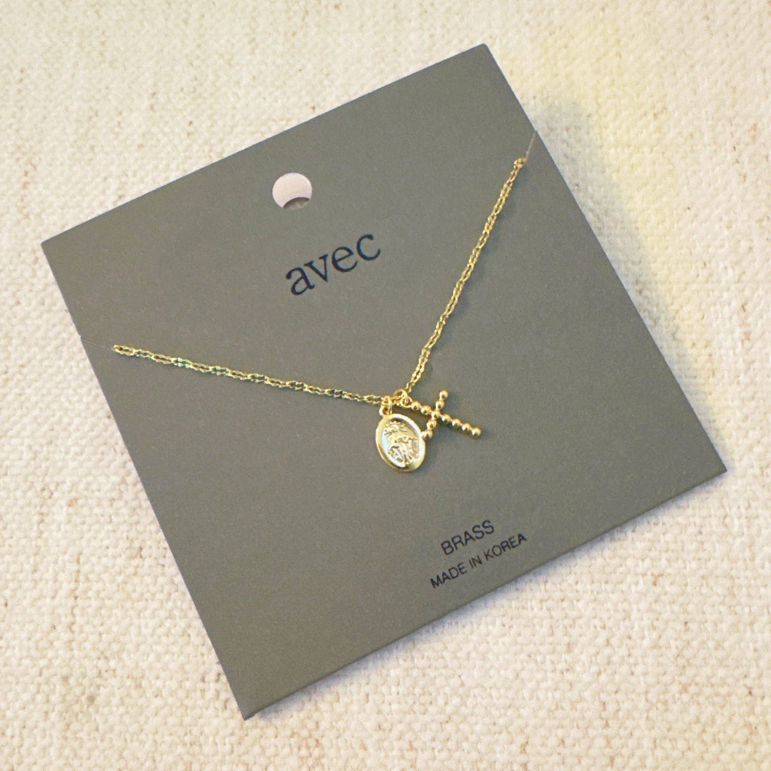 Faithful Duo Pendant Necklace – Gold-Tone Chain with Mini Cross and Saint Medallion Charms