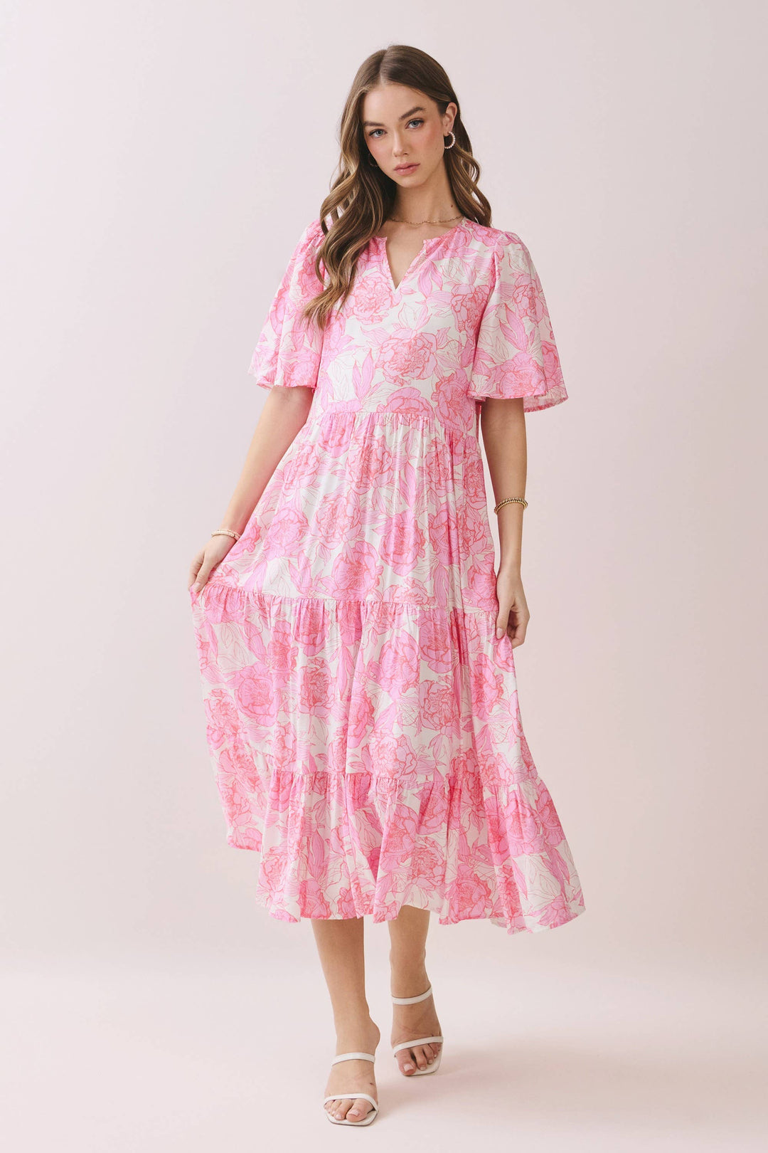 Pink Floral Tiered Baby Doll Midi Dress