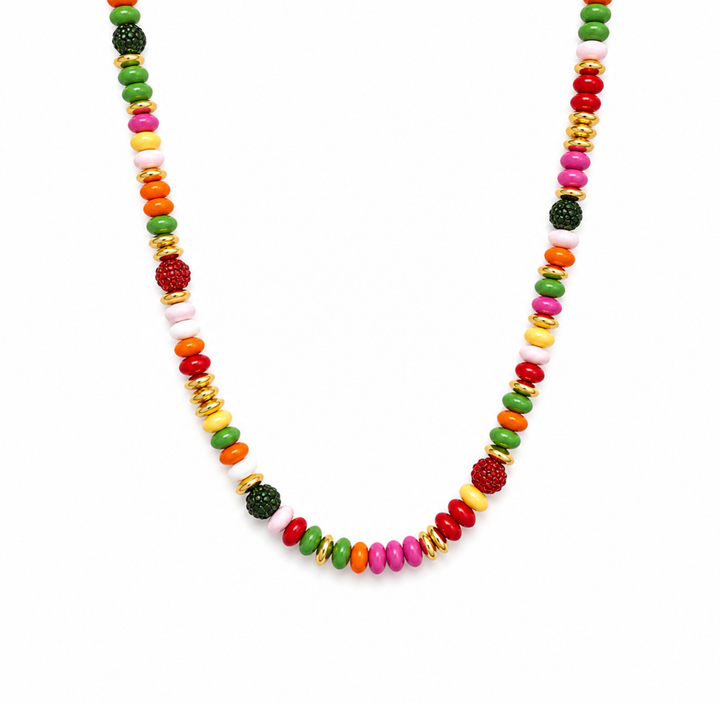 Festive Color Bead Necklace, Gold Accent &amp; Crystal Pavé