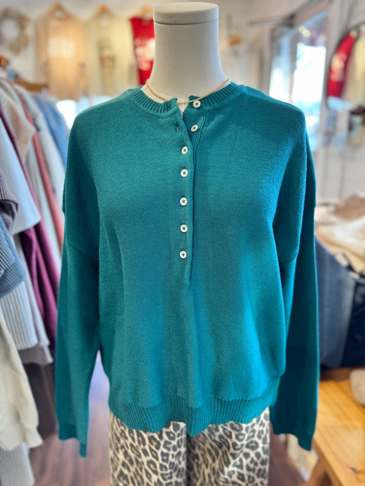 Henley Button-up Sweater in Teal