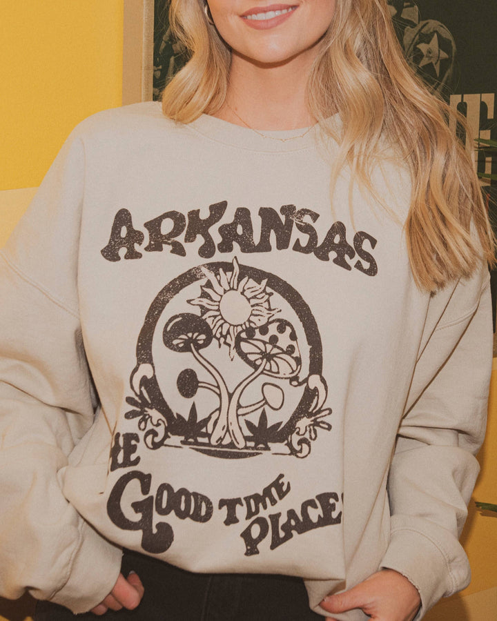 Arkansas The Good Time Place Sand Thrifted  Sweatshirt