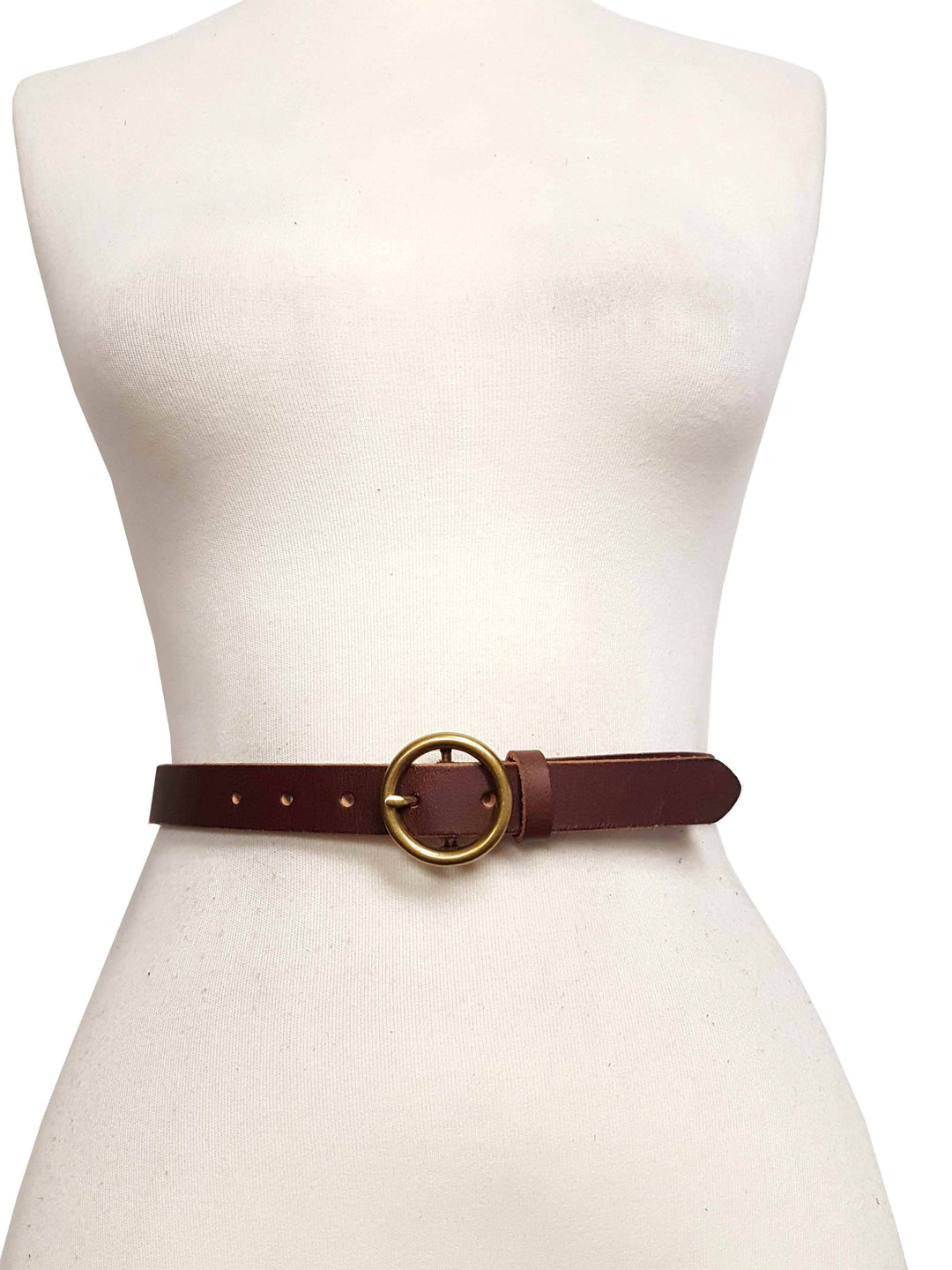 Genuine Leather Skinny Belt with Round Brass Buckle