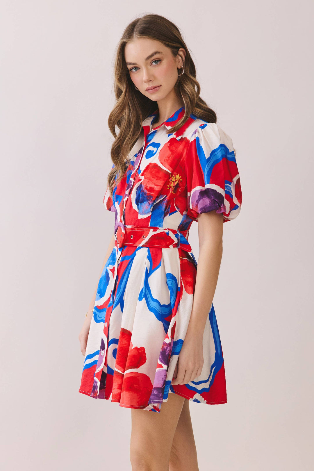 TCEC | Bold Floral Print Belted Mini Shirt Dress