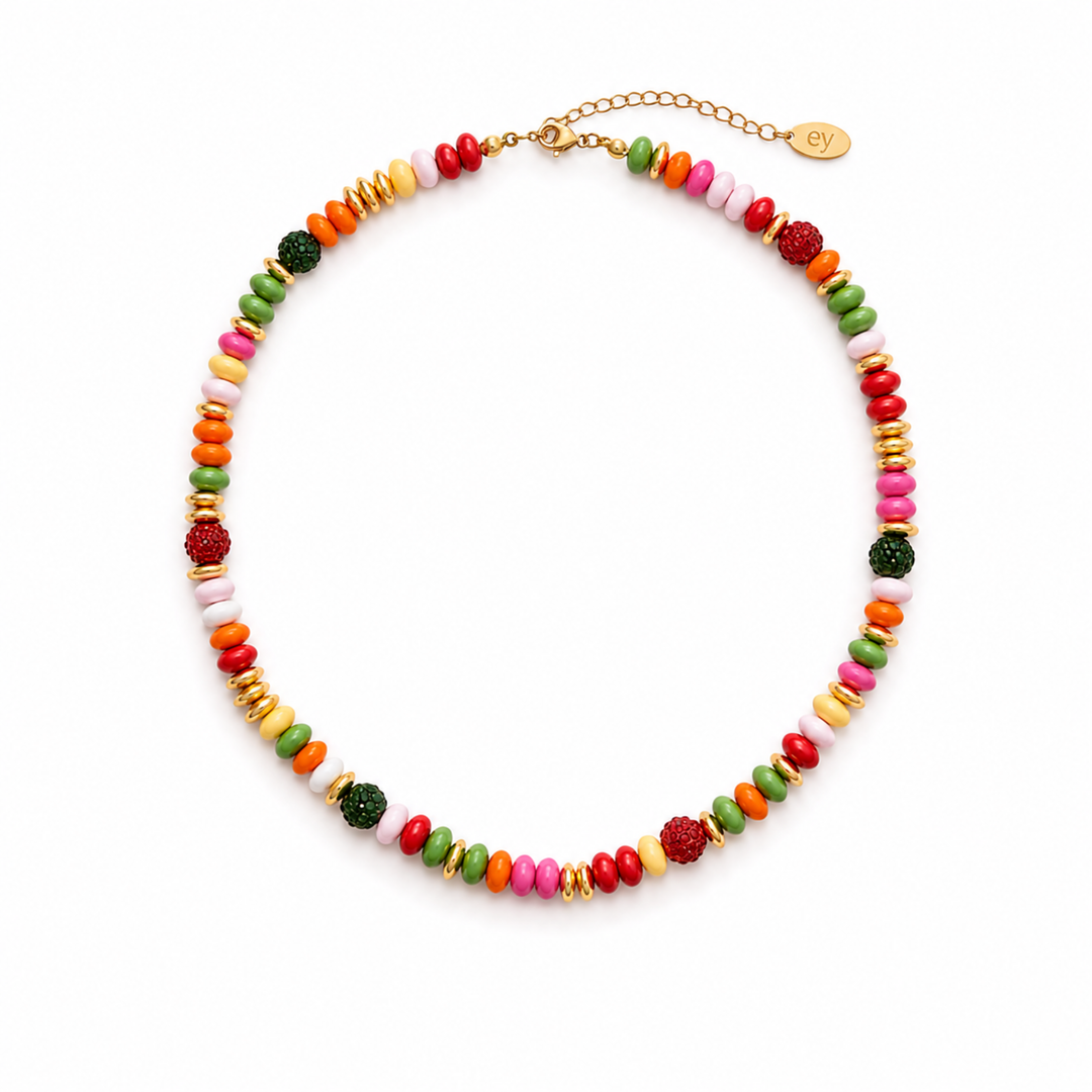 Festive Color Bead Necklace, Gold Accent &amp; Crystal Pavé