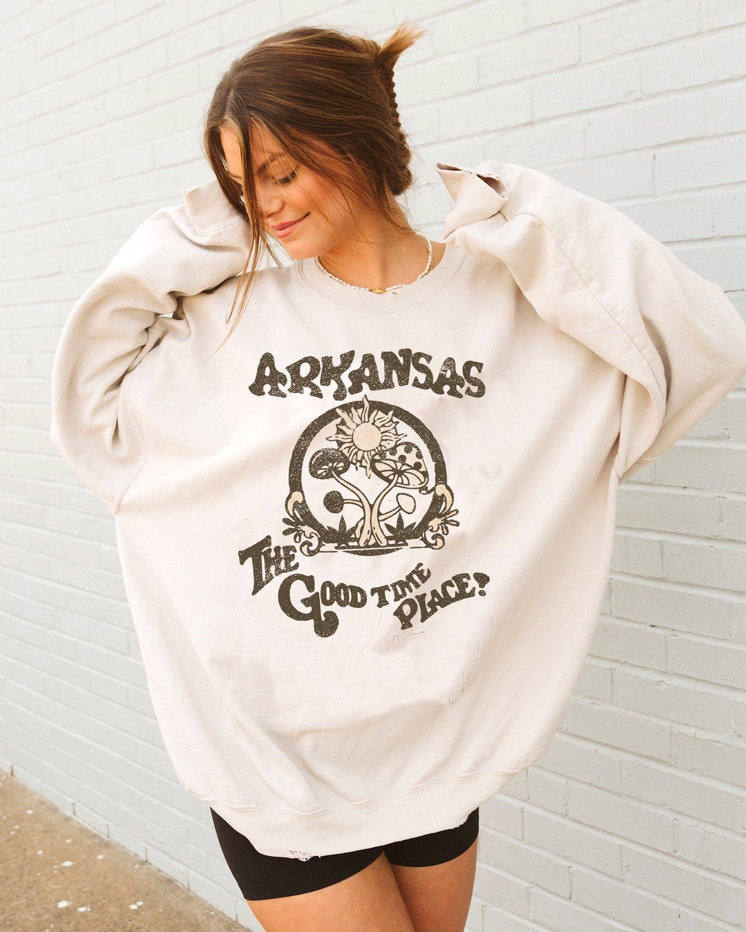 Arkansas The Good Time Place Sand Thrifted  Sweatshirt