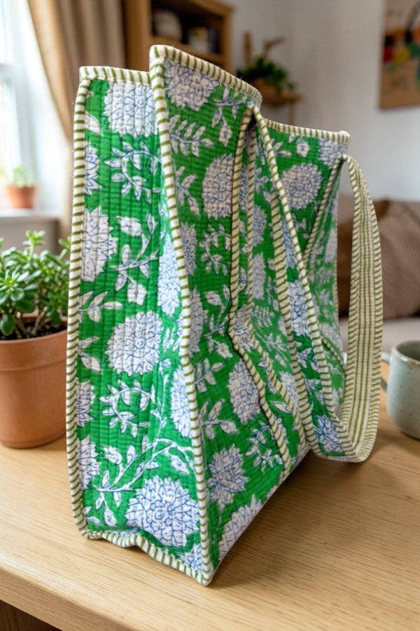 Terra Green Floral Medium Quilted Tote Bag