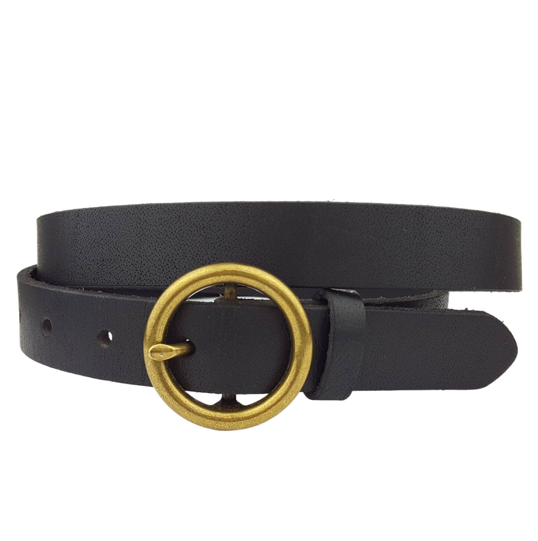 Genuine Leather Skinny Belt with Round Brass Buckle