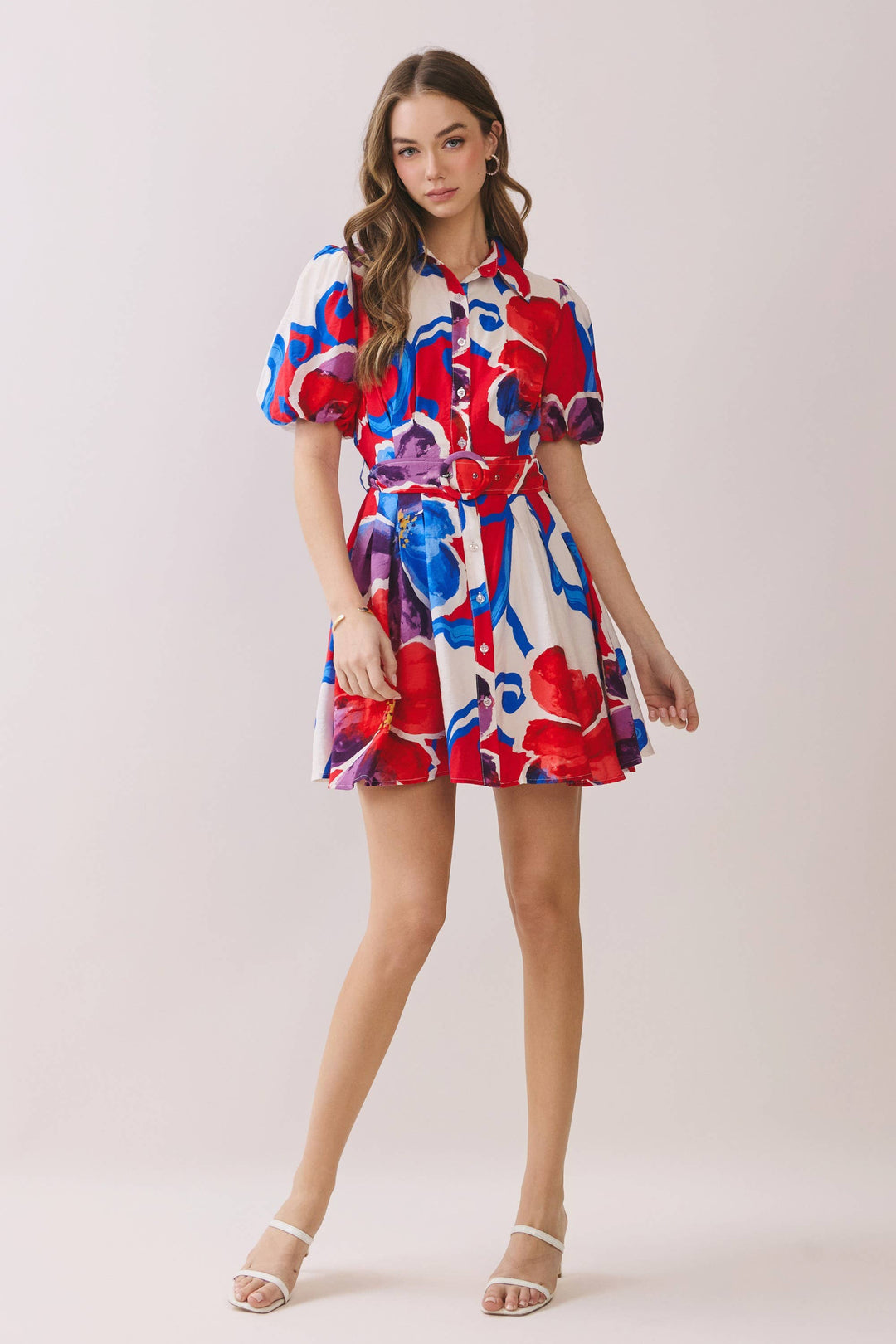 TCEC | Bold Floral Print Belted Mini Shirt Dress