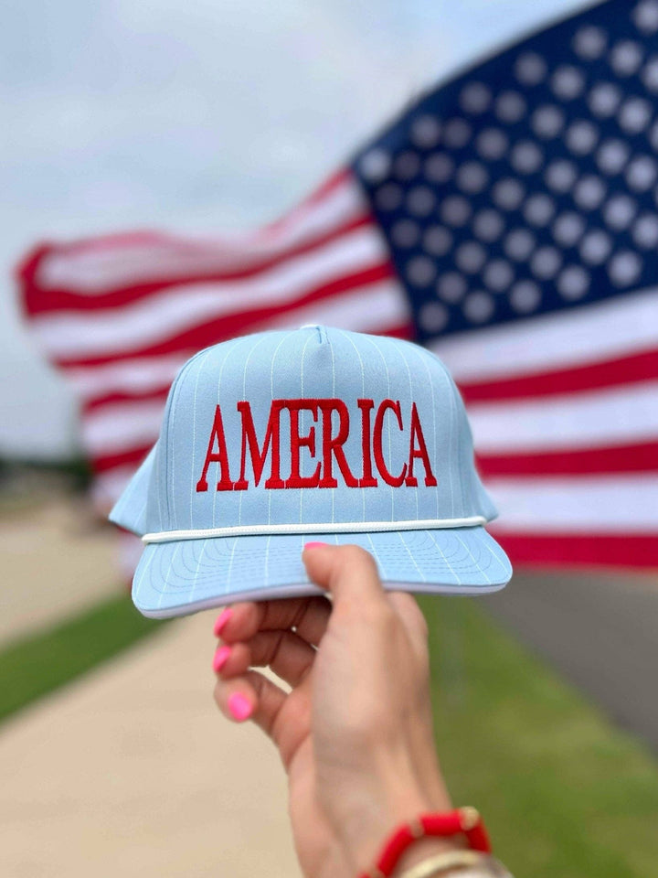 AMERICA Rope Trucker Hat - Baby Blue Pinstripe