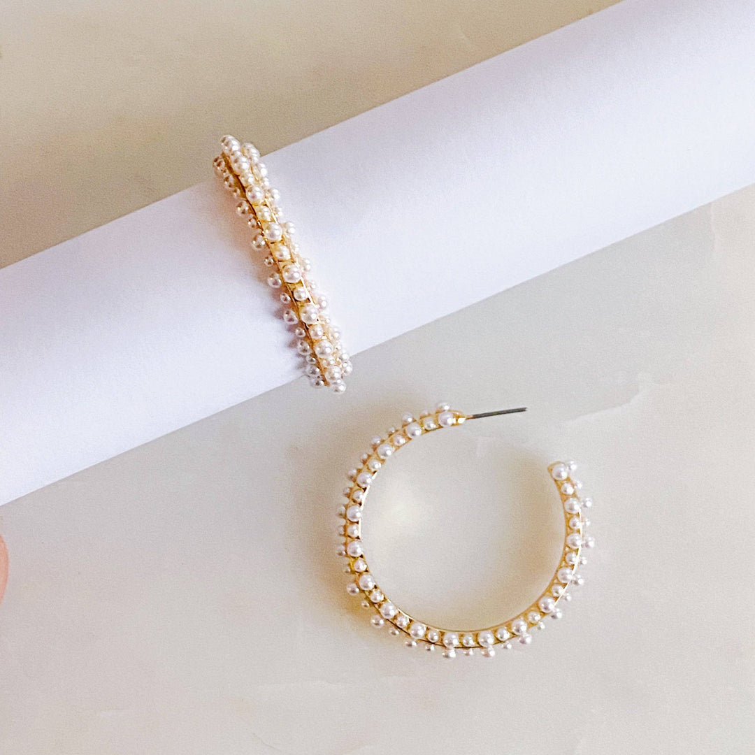 Delicate Pearl Deco Hoop Earrings