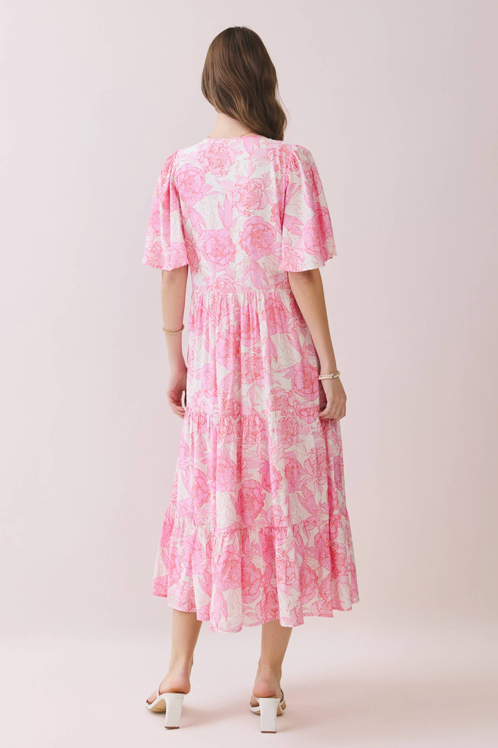 Pink Floral Tiered Baby Doll Midi Dress