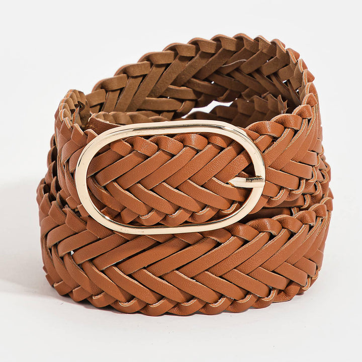 Braided Faux Leather Oval Buckle Belt