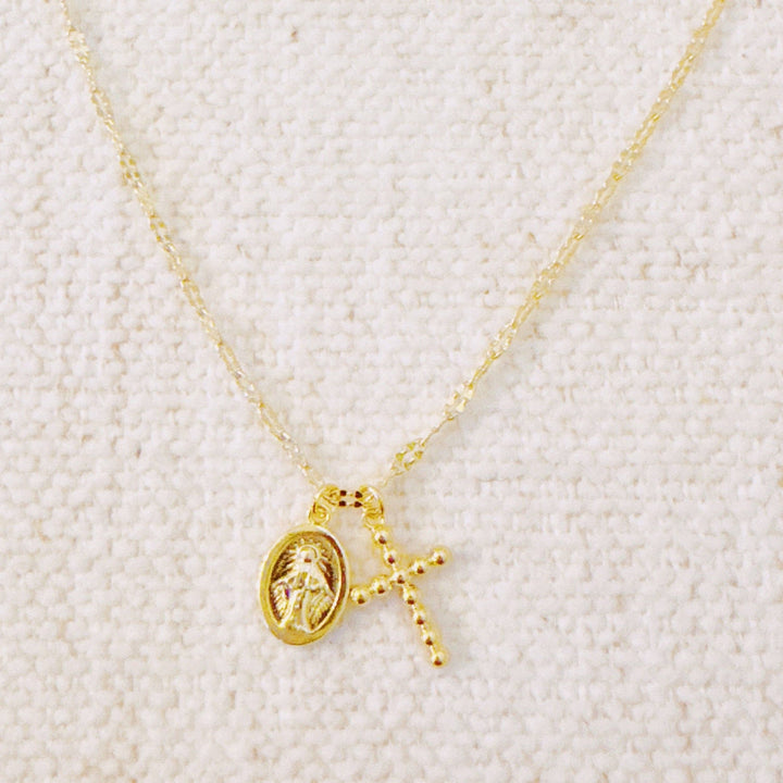 Faithful Duo Pendant Necklace – Gold-Tone Chain with Mini Cross and Saint Medallion Charms
