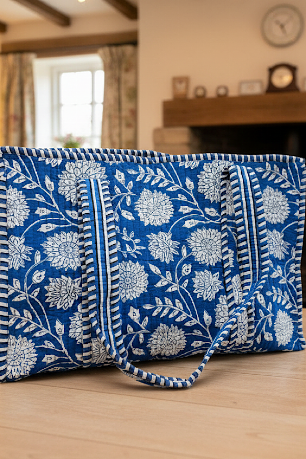 Melody Blue &amp; White Floral Medium Quilted Tote Bag