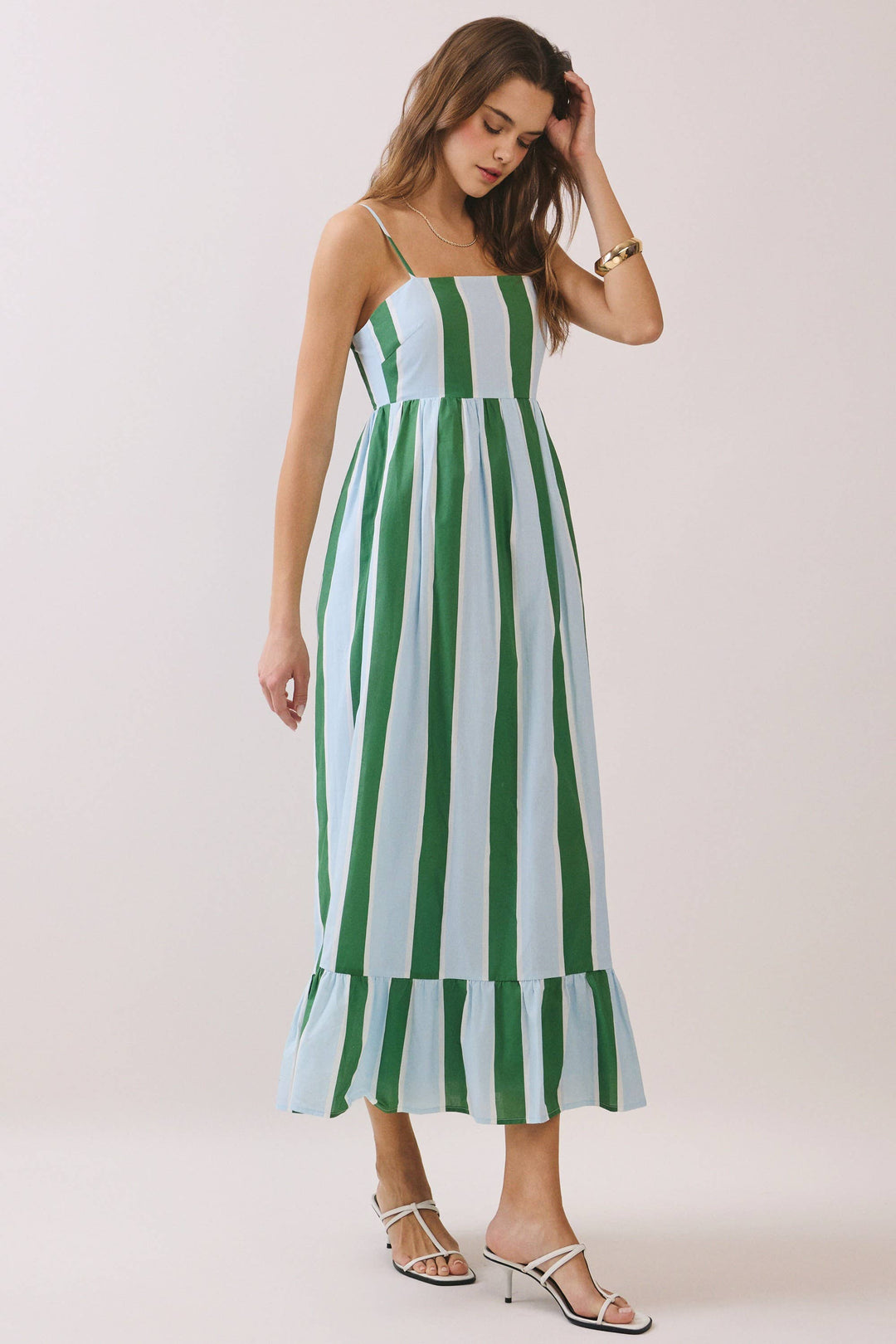 Striped Back Smocked Detail Side Pocket Maxi Dress