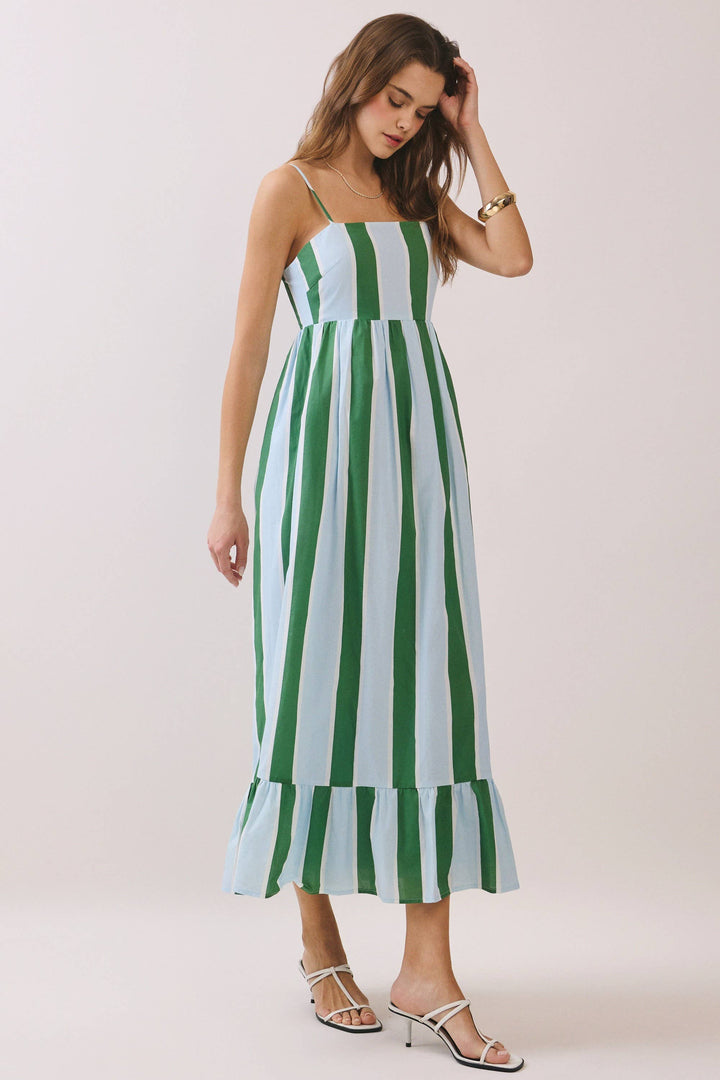 Striped Back Smocked Detail Side Pocket Maxi Dress