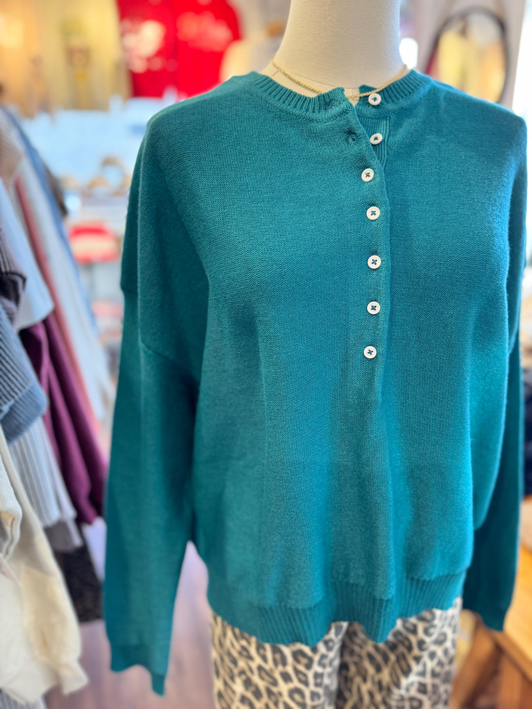 Henley Button-up Sweater in Teal