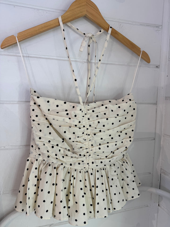 Polka Dot Halter Neck Strap Peplum Top
