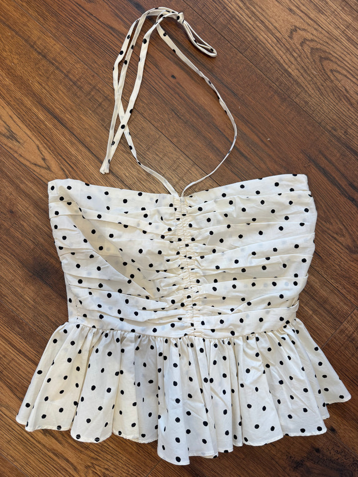 Polka Dot Halter Neck Strap Peplum Top