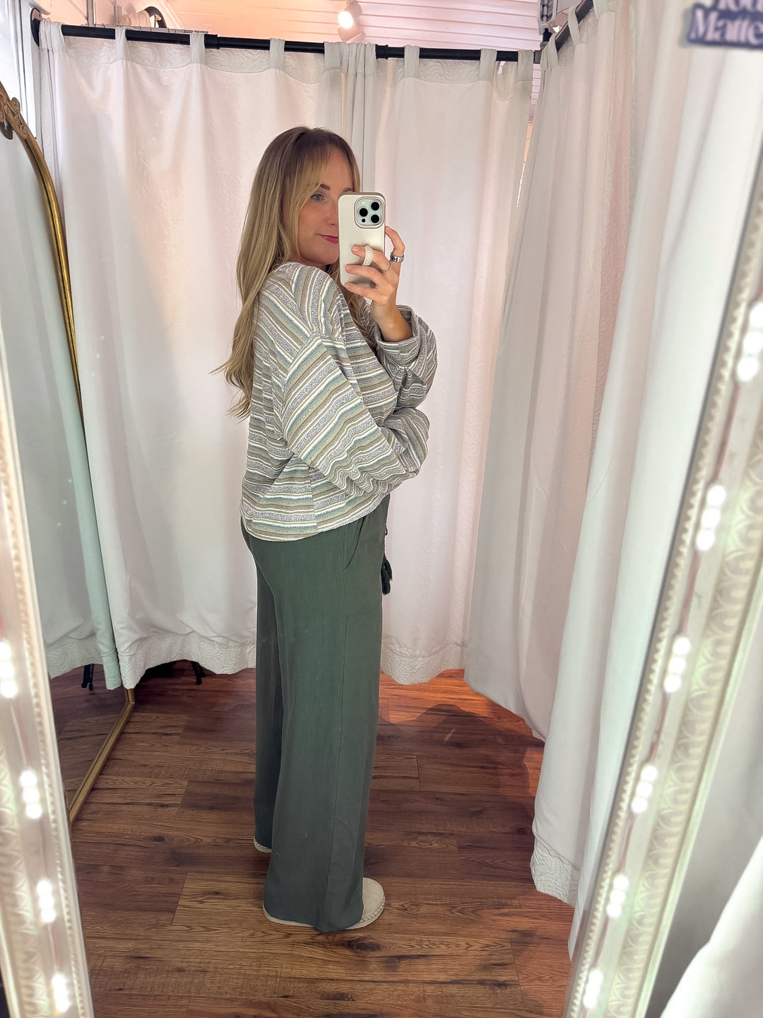 Linen Blend Smocked Waist Pants in Moss Green