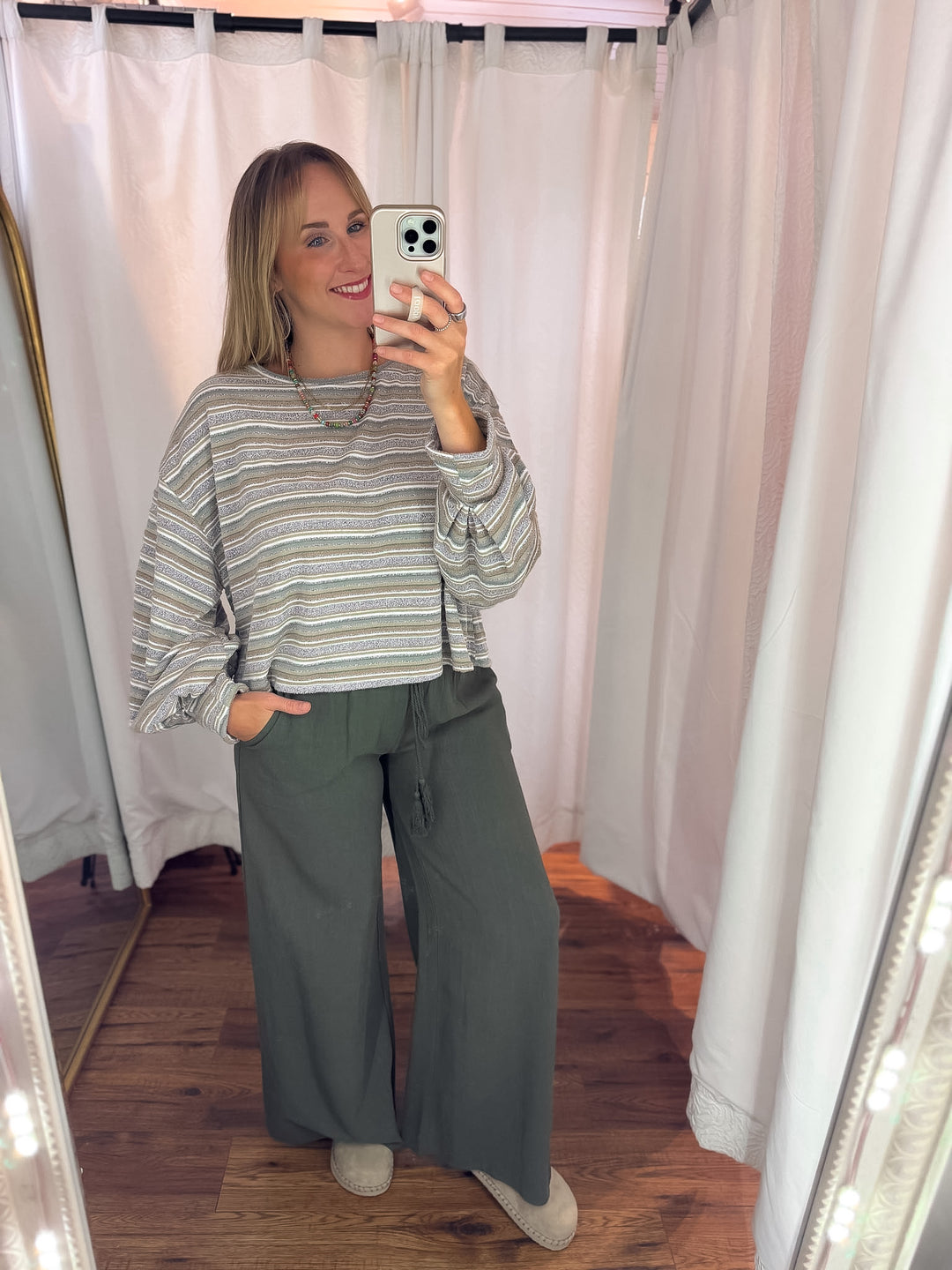 Linen Blend Smocked Waist Pants in Moss Green