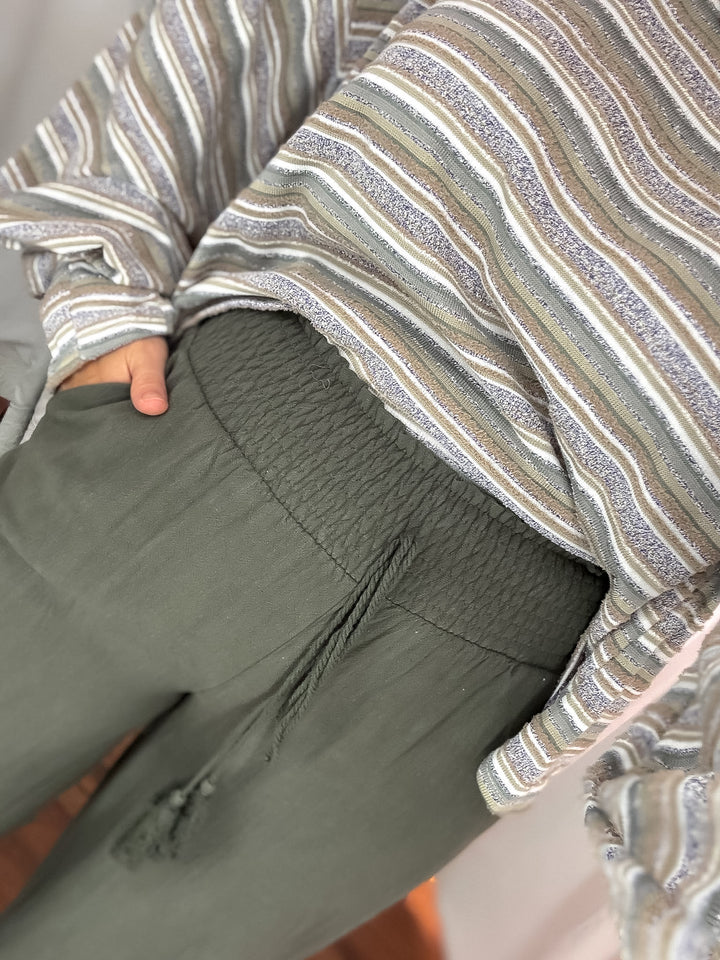 Linen Blend Smocked Waist Pants in Moss Green