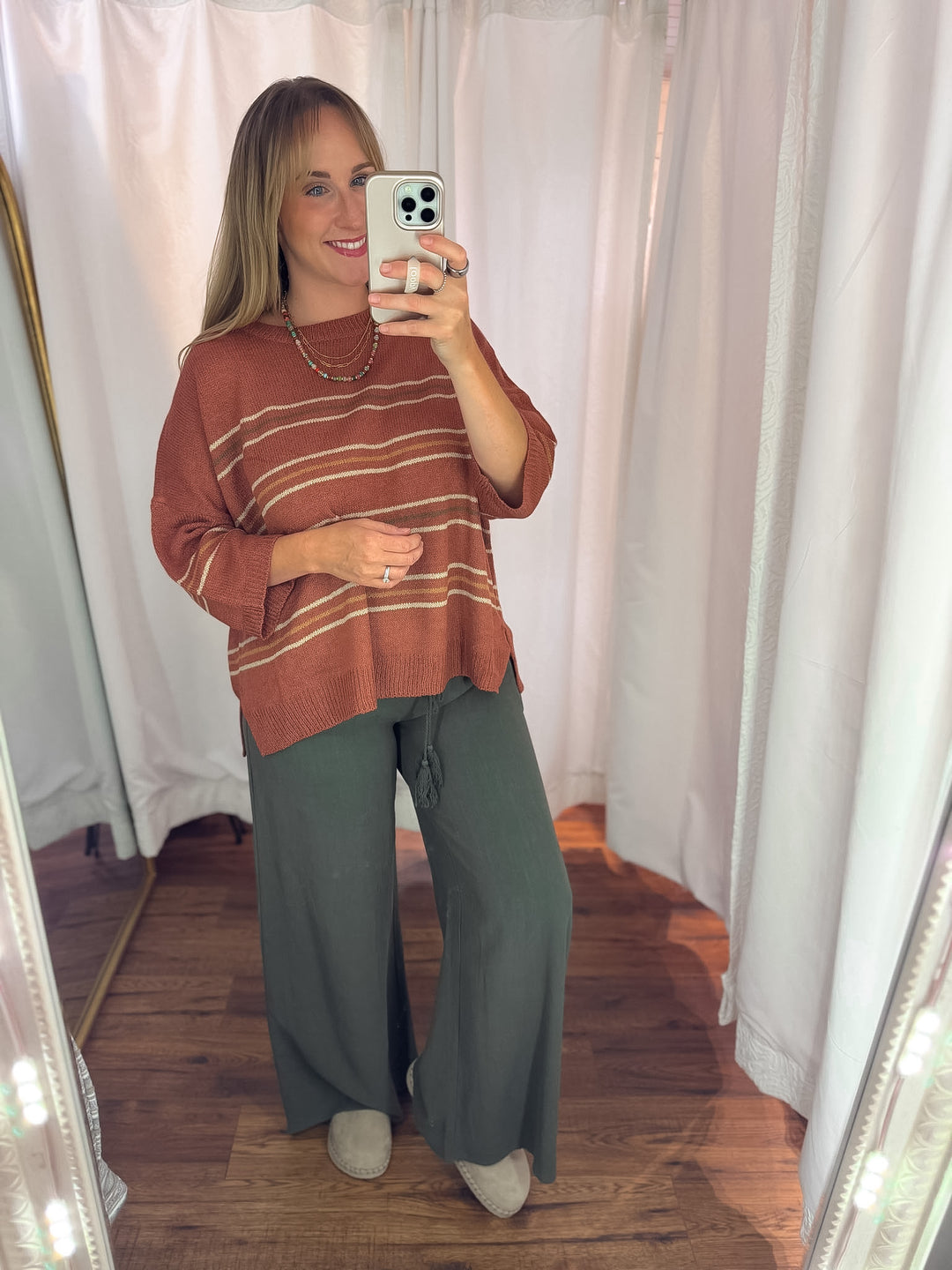 Linen Blend Smocked Waist Pants in Moss Green