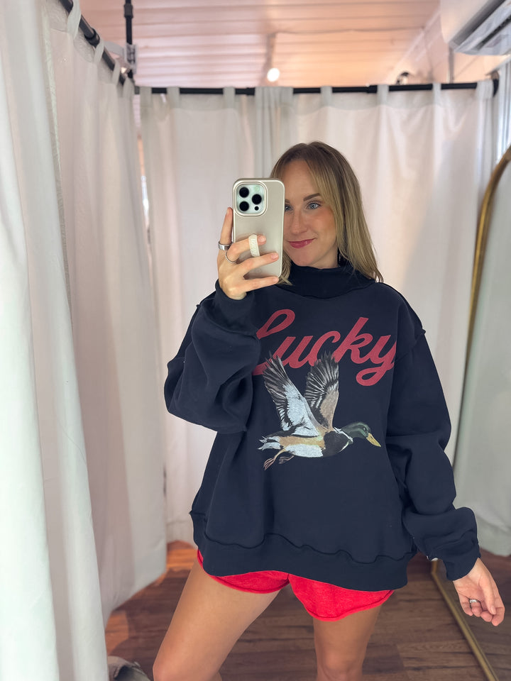 Lucky Duck Navy Mock Neck Sweatshirt