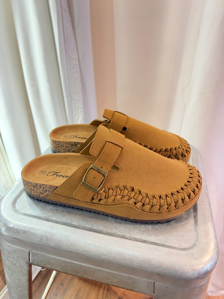 Whipstitch Suede Buckle Clog Mules