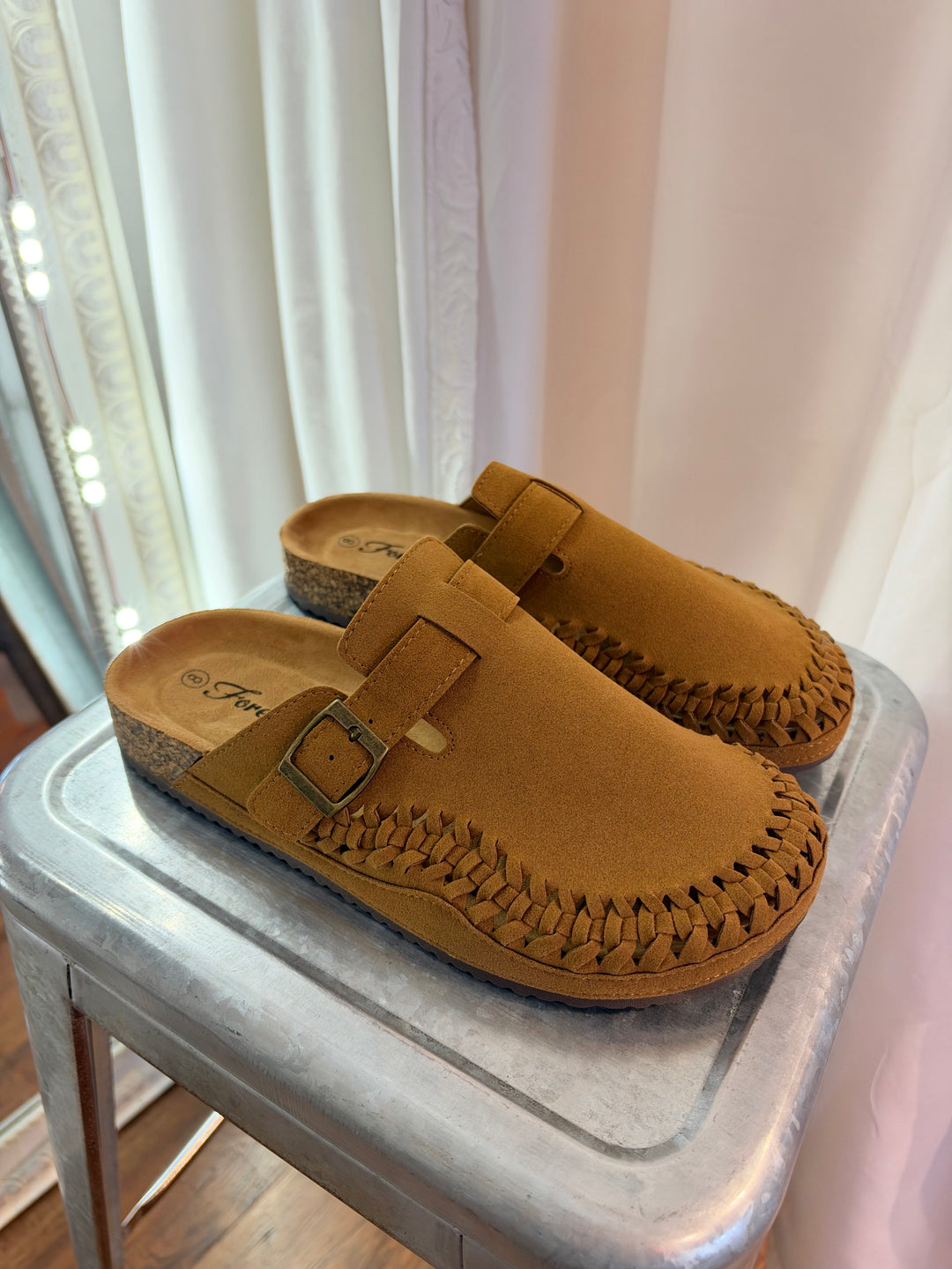 Whipstitch Suede Buckle Clog Mules