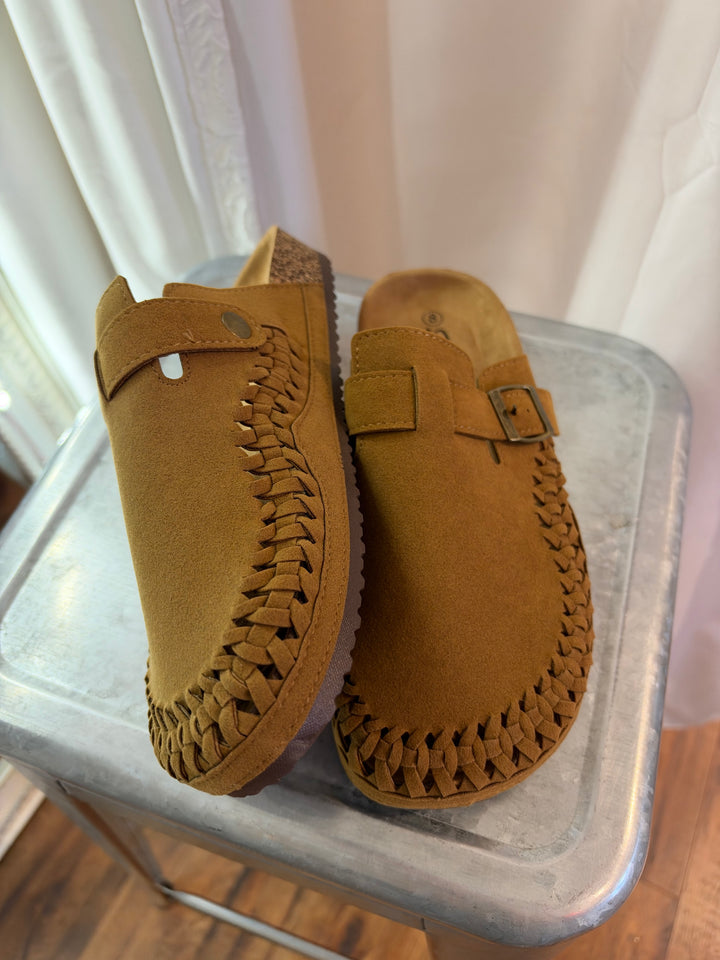 Whipstitch Suede Buckle Clog Mules