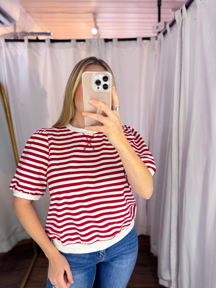 Cherry Striped Puff Sleeve Knit Top