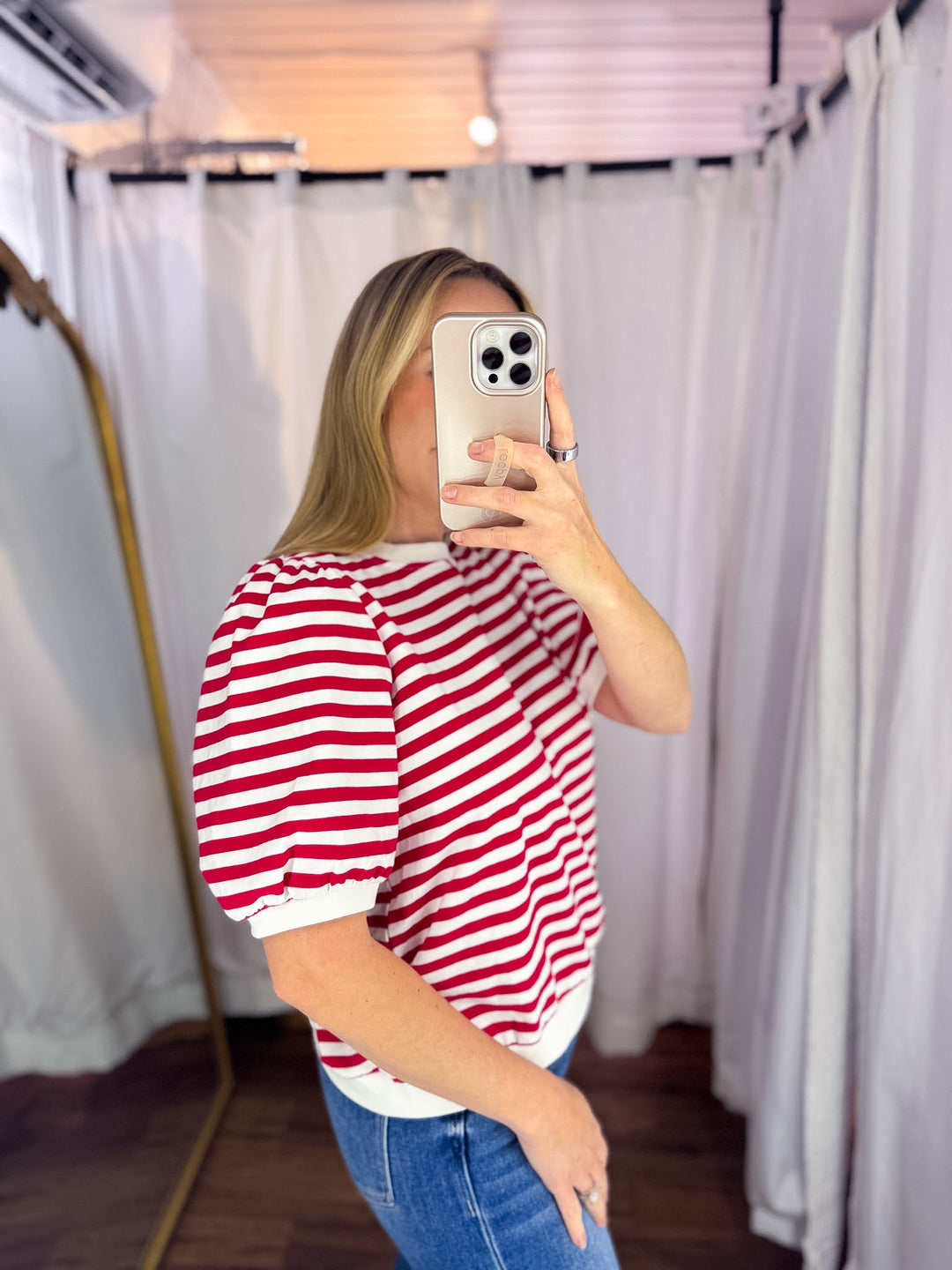Cherry Striped Puff Sleeve Knit Top