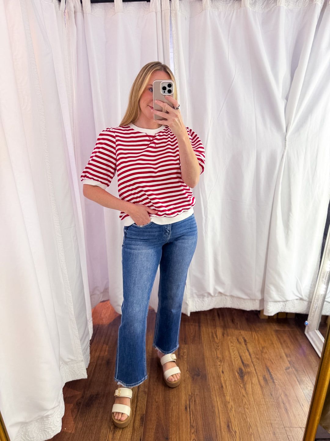 Cherry Striped Puff Sleeve Knit Top