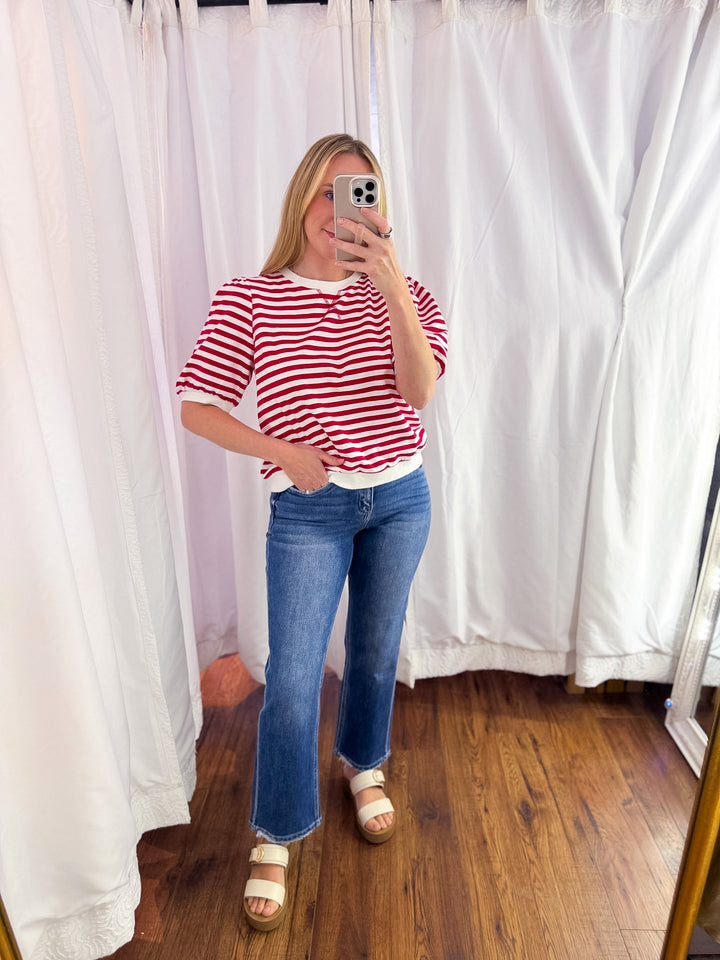 Cherry Striped Puff Sleeve Knit Top