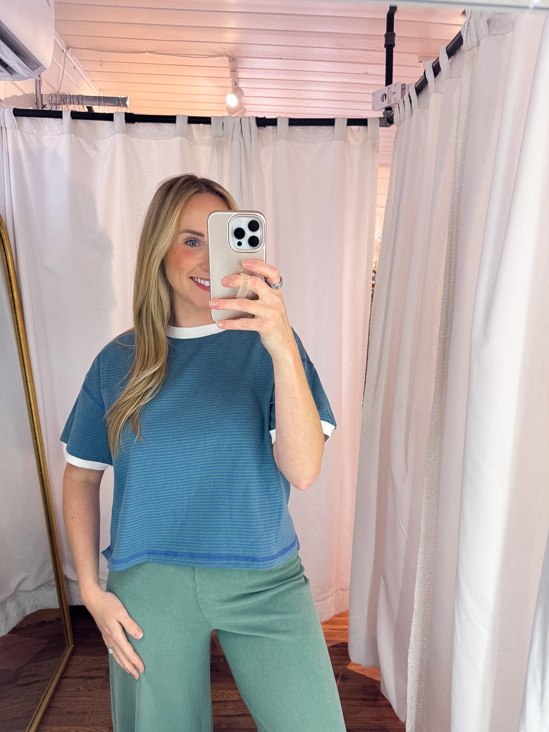 Grey Blue Striped Relaxed Crop Tee