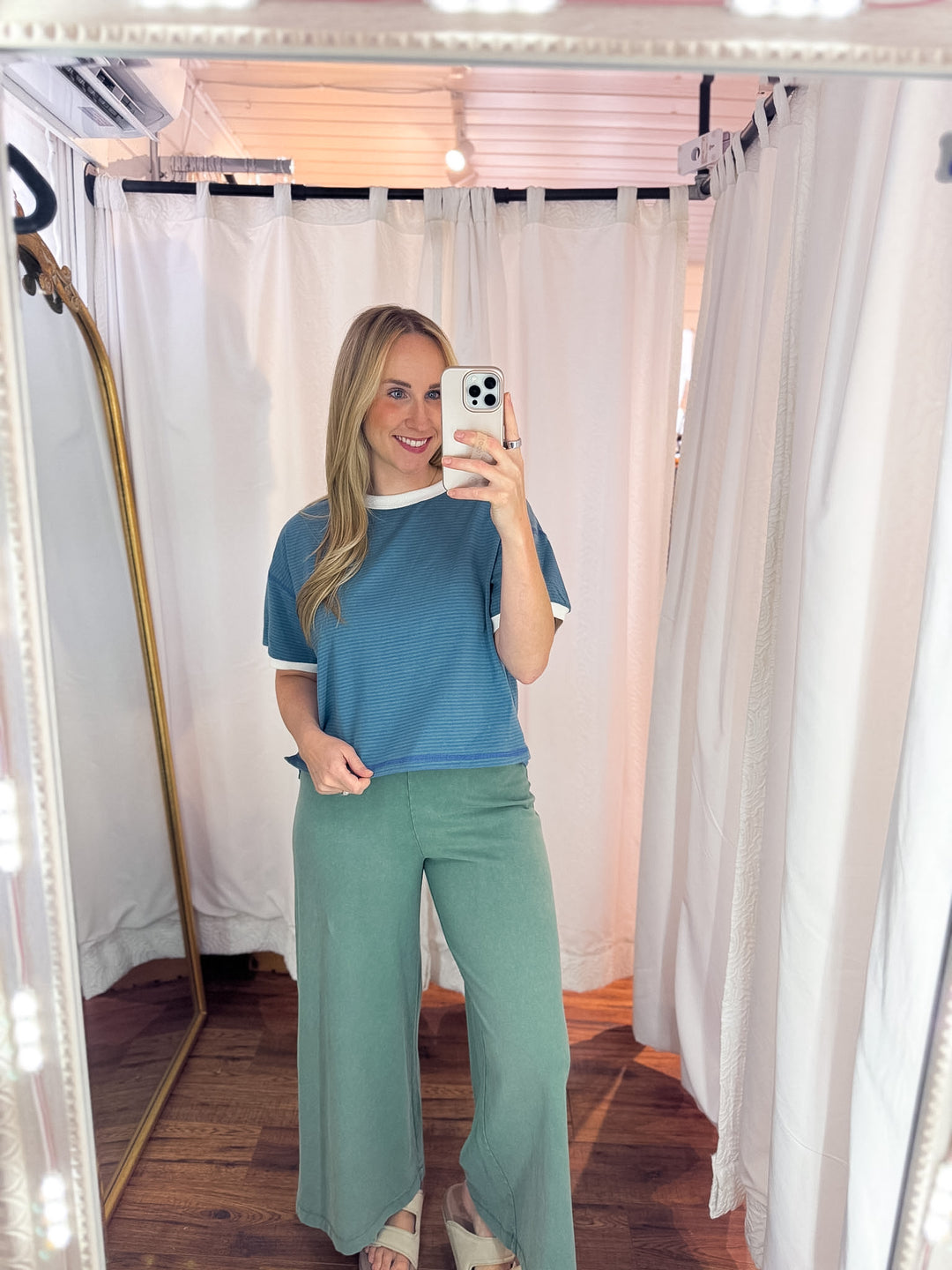 Grey Blue Striped Relaxed Crop Tee