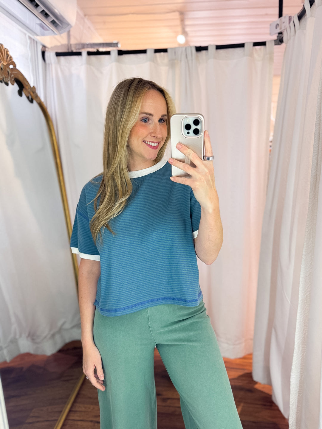 Grey Blue Striped Relaxed Crop Tee