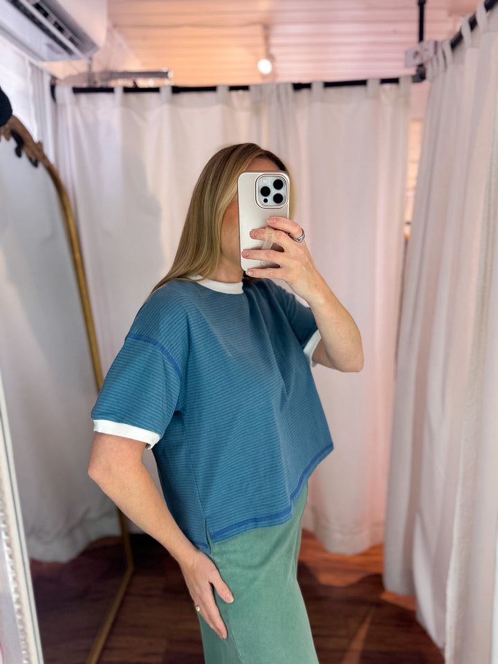 Grey Blue Striped Relaxed Crop Tee