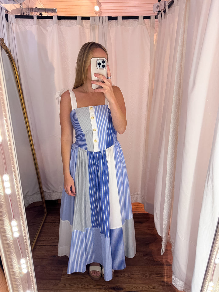 Blue Horizon Stripe Patchwork Midi Dress