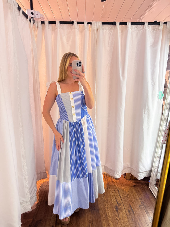 Blue Horizon Stripe Patchwork Midi Dress